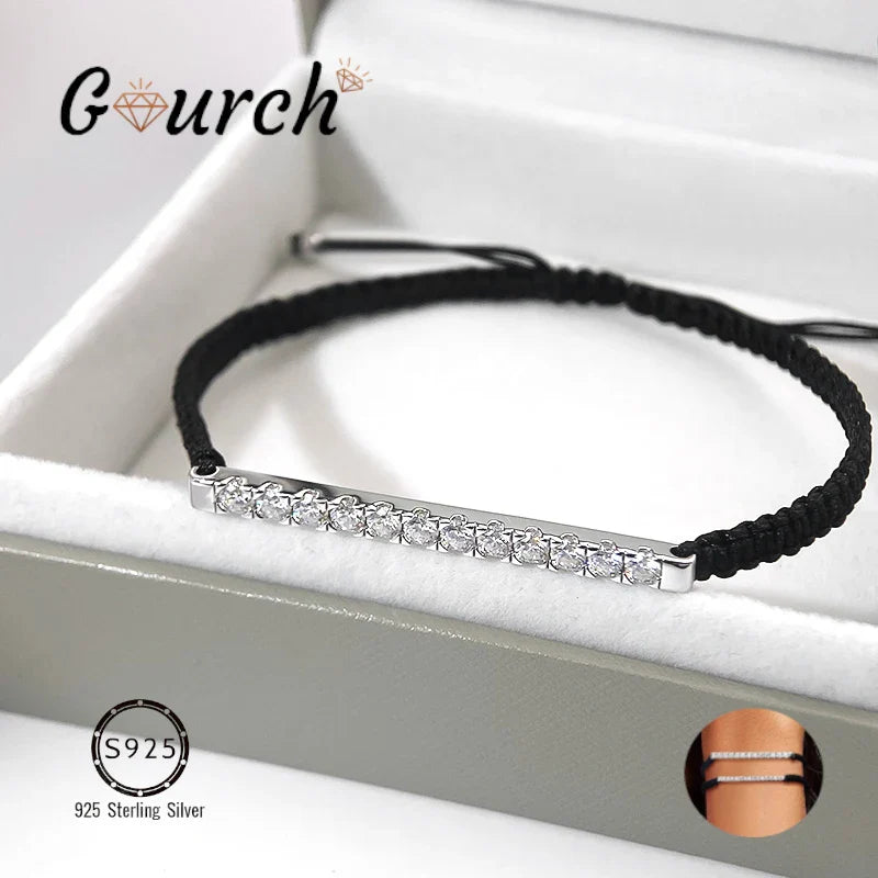 Gourch 2/3mm Adjustable Braided Rope Moissanite Bracelet Lab Grown 925 Sterling Silver Fine Jewelry for Women Men Party Gift