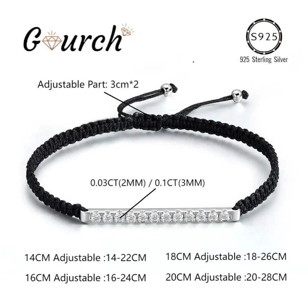 Gourch 2/3mm Adjustable Braided Rope Moissanite Bracelet Lab Grown 925 Sterling Silver Fine Jewelry for Women Men Party Gift