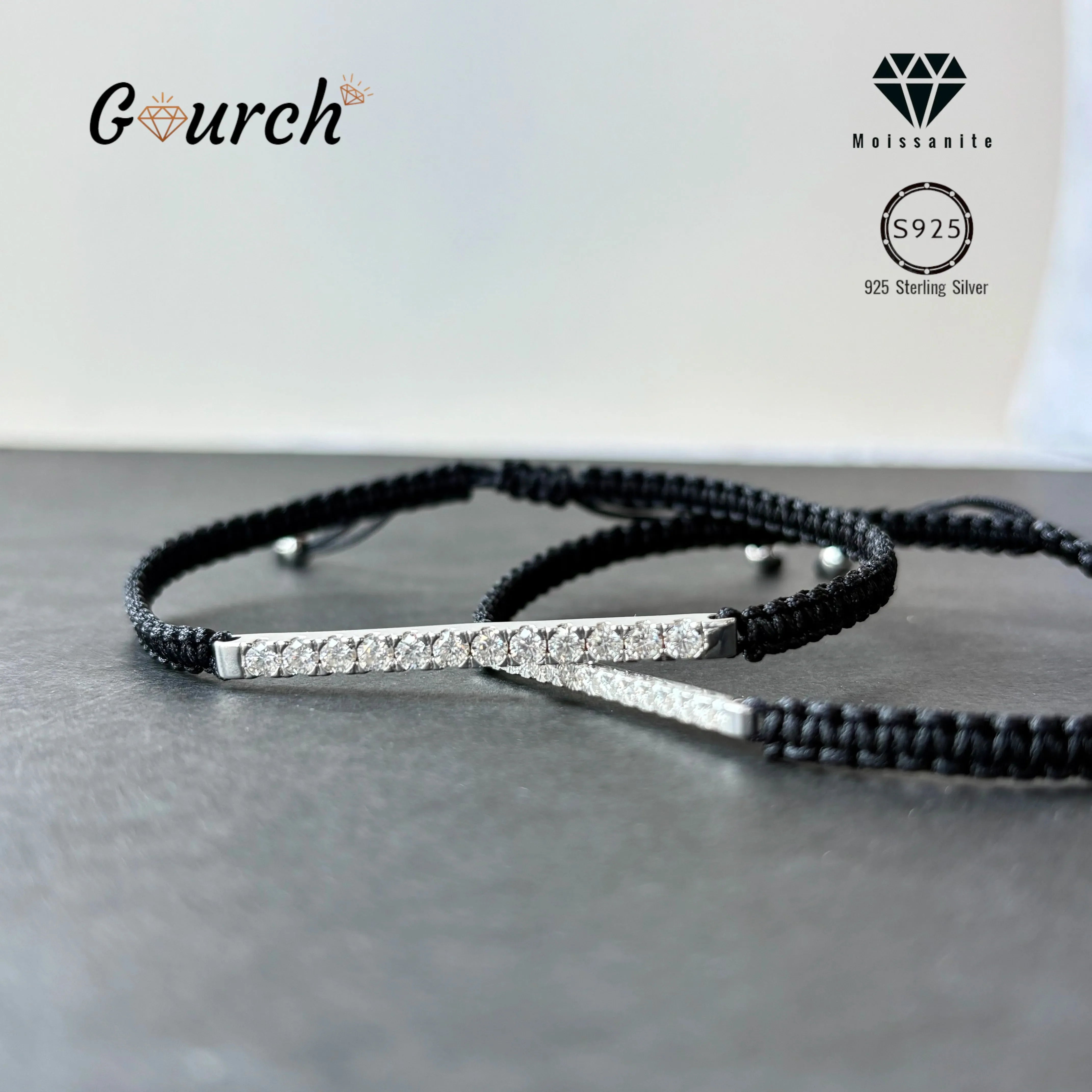 Gourch 2/3mm Adjustable Braided Rope Moissanite Bracelet Lab Grown 925 Sterling Silver Fine Jewelry for Women Men Party Gift